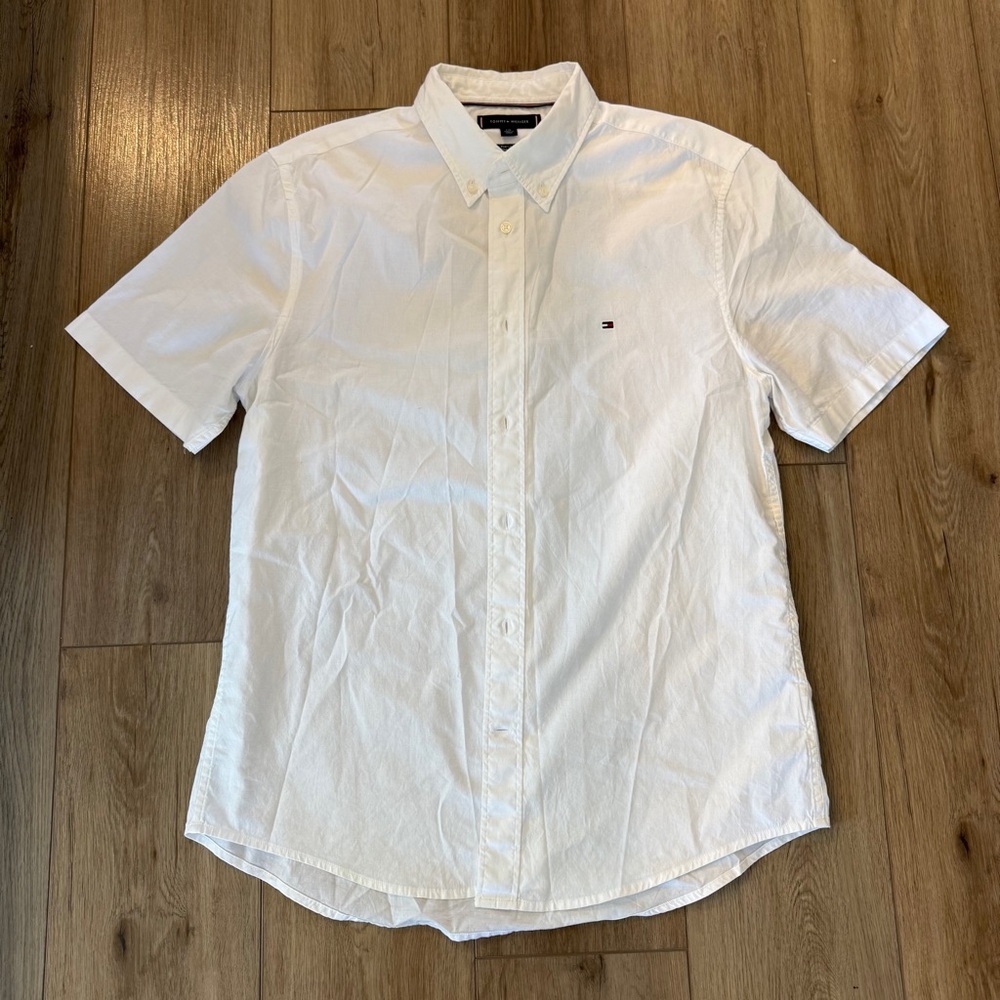 Tommy Hilfiger Mens L White Button Down Shirt Short Sleeve Logo